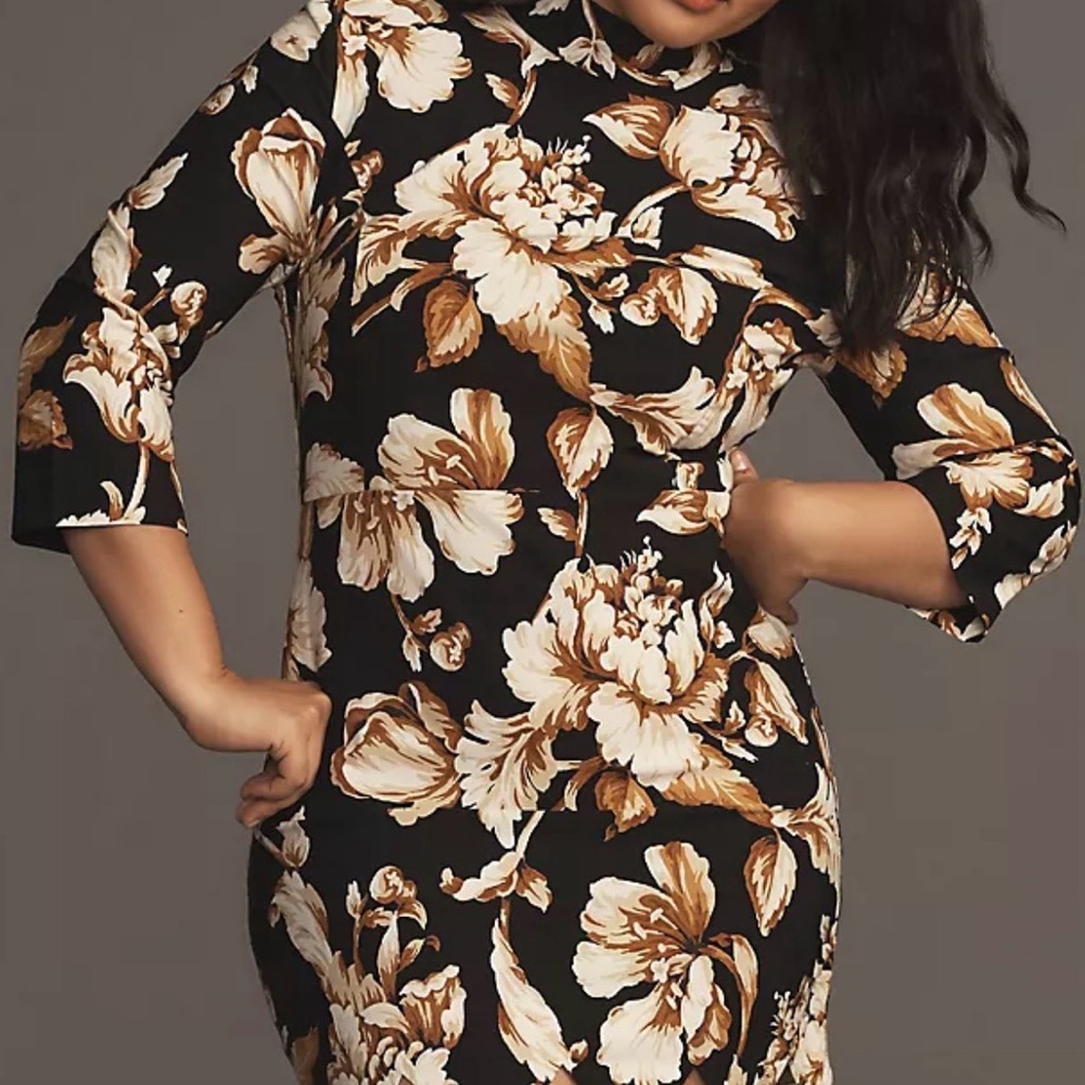 Anthropologie Black and Brown Floral Long Sleeve Dress